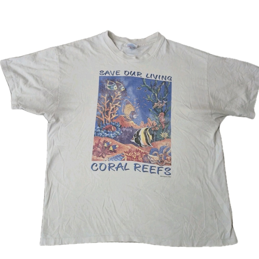 Vintage Save Our Living Coral Reefs T-Shirt Mens XL White Human-I-Tees Ocean
